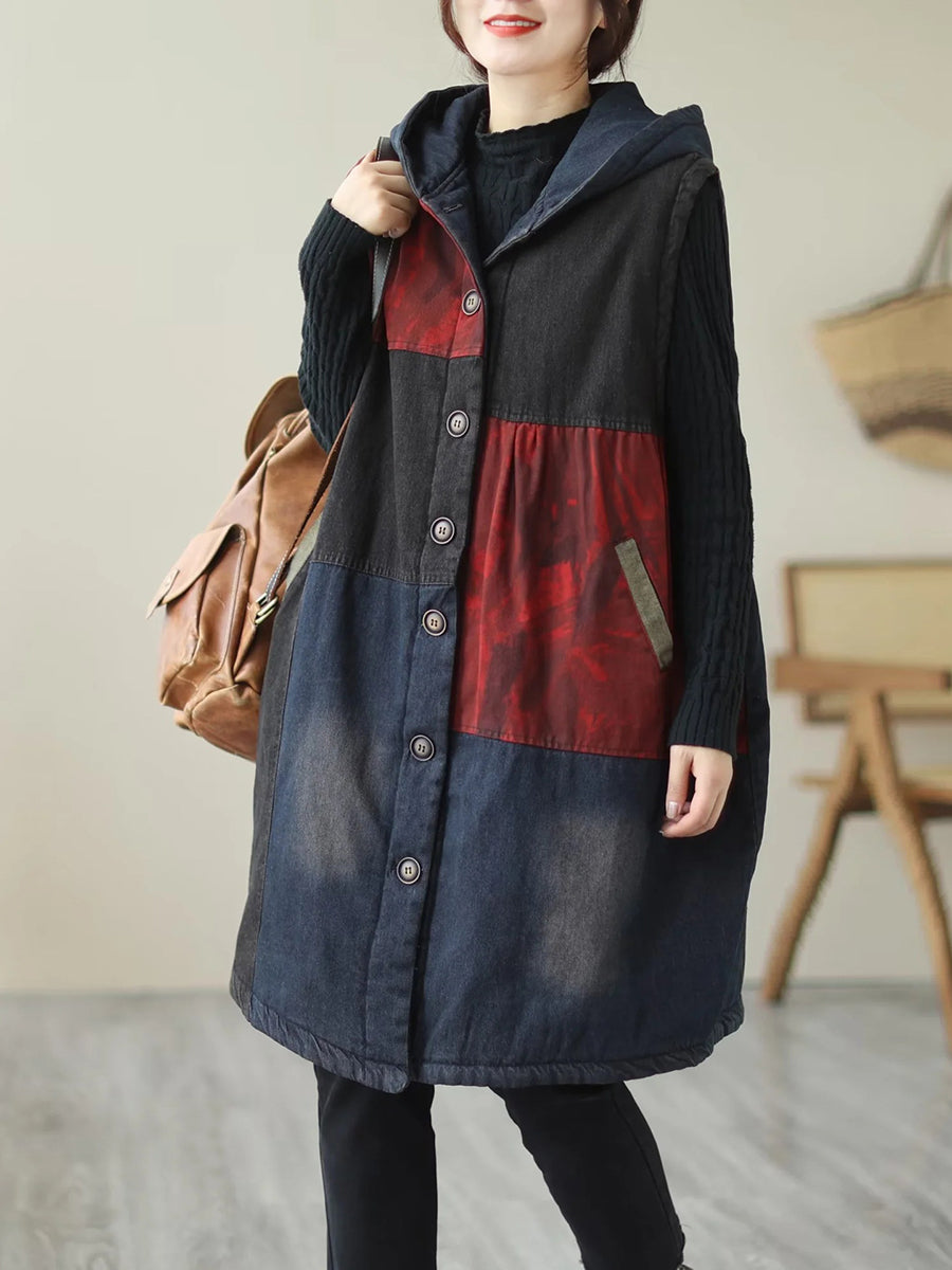 Women Winter Casual  Colorblock Hooded Mid Length Waist Coat