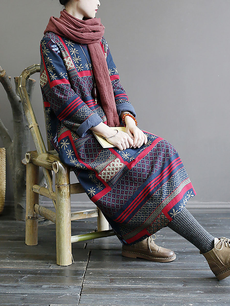 Women Winter Vintage Ethnic Pocket Print Loose Dress