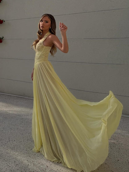 Halter Lace Corset Chiffon Evening Gown