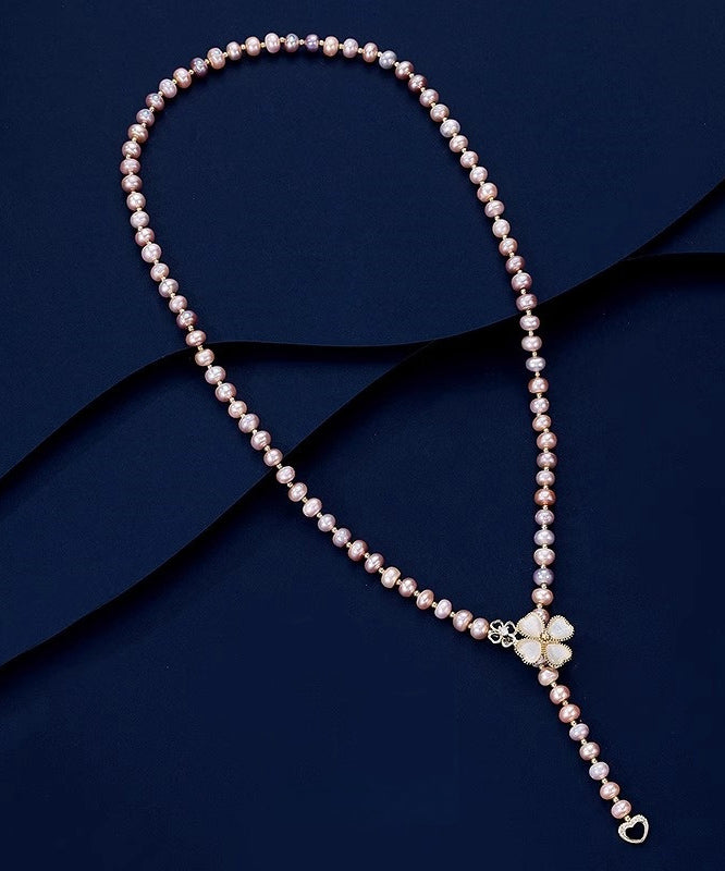 Elegant Champagne Alloy Pearl Zircon Floral Lariat Necklace