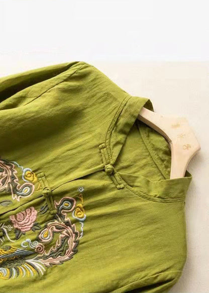 2022 Green Embroideried Linen Shirt Top Half Sleeve