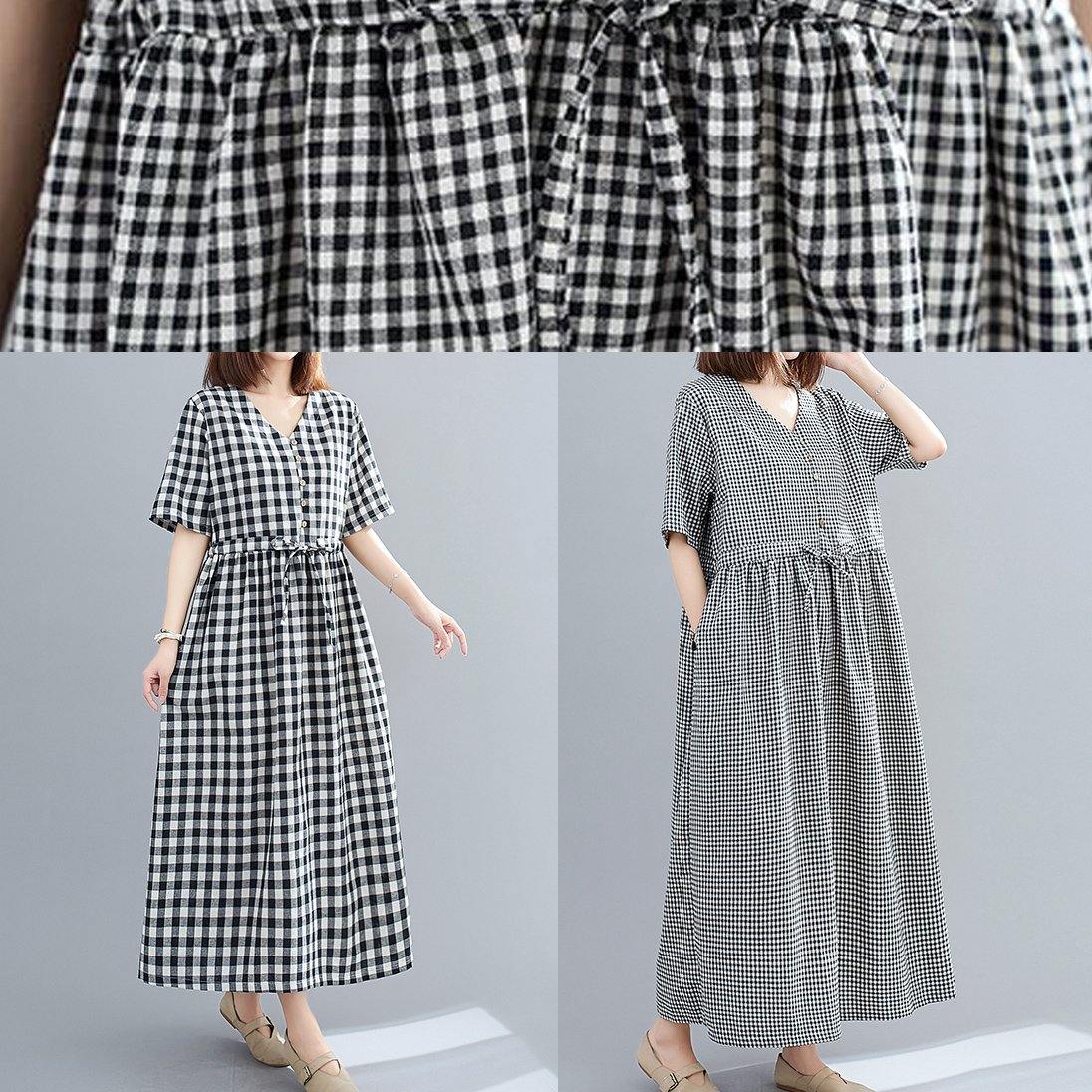 Organic v neck drawstring cotton clothes For Women Tutorials black Large plaid Dress