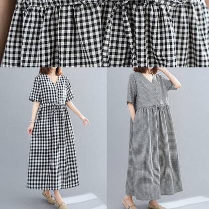 Organic v neck drawstring cotton clothes For Women Tutorials black Large plaid Dress