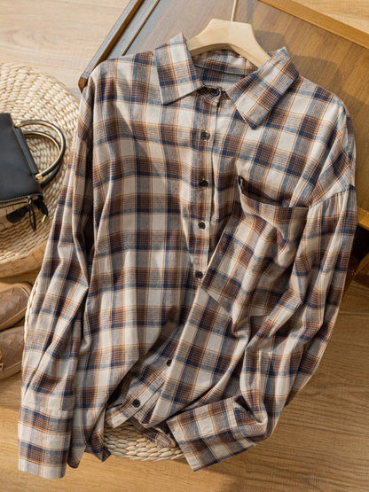 100% Natural Fabric Vintage Loose Mid Length Plaid Shirt