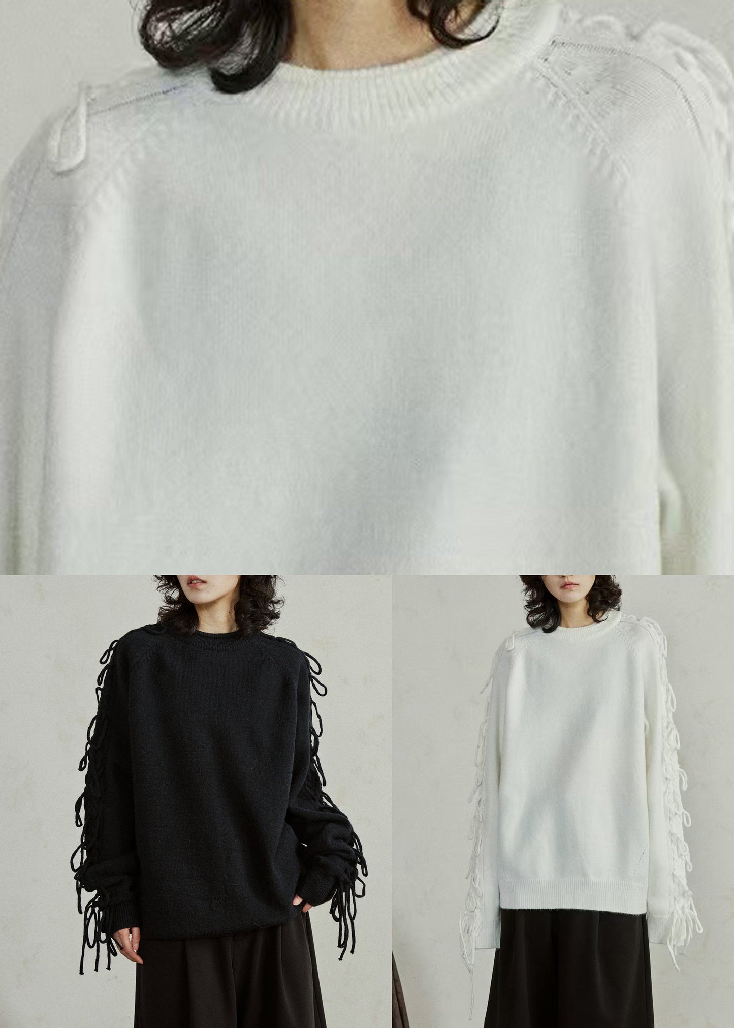 Handmade White O-Neck Cozy Cotton Knit Sweater Tops Long Sleeve