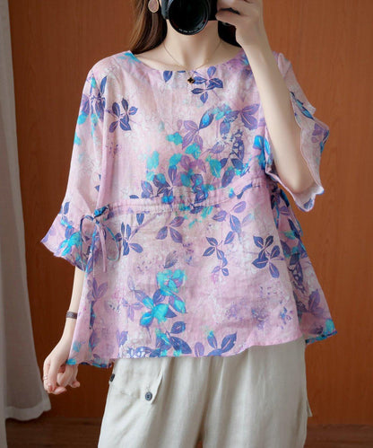 Chic purple print top o neck drawstring daily summer blouses