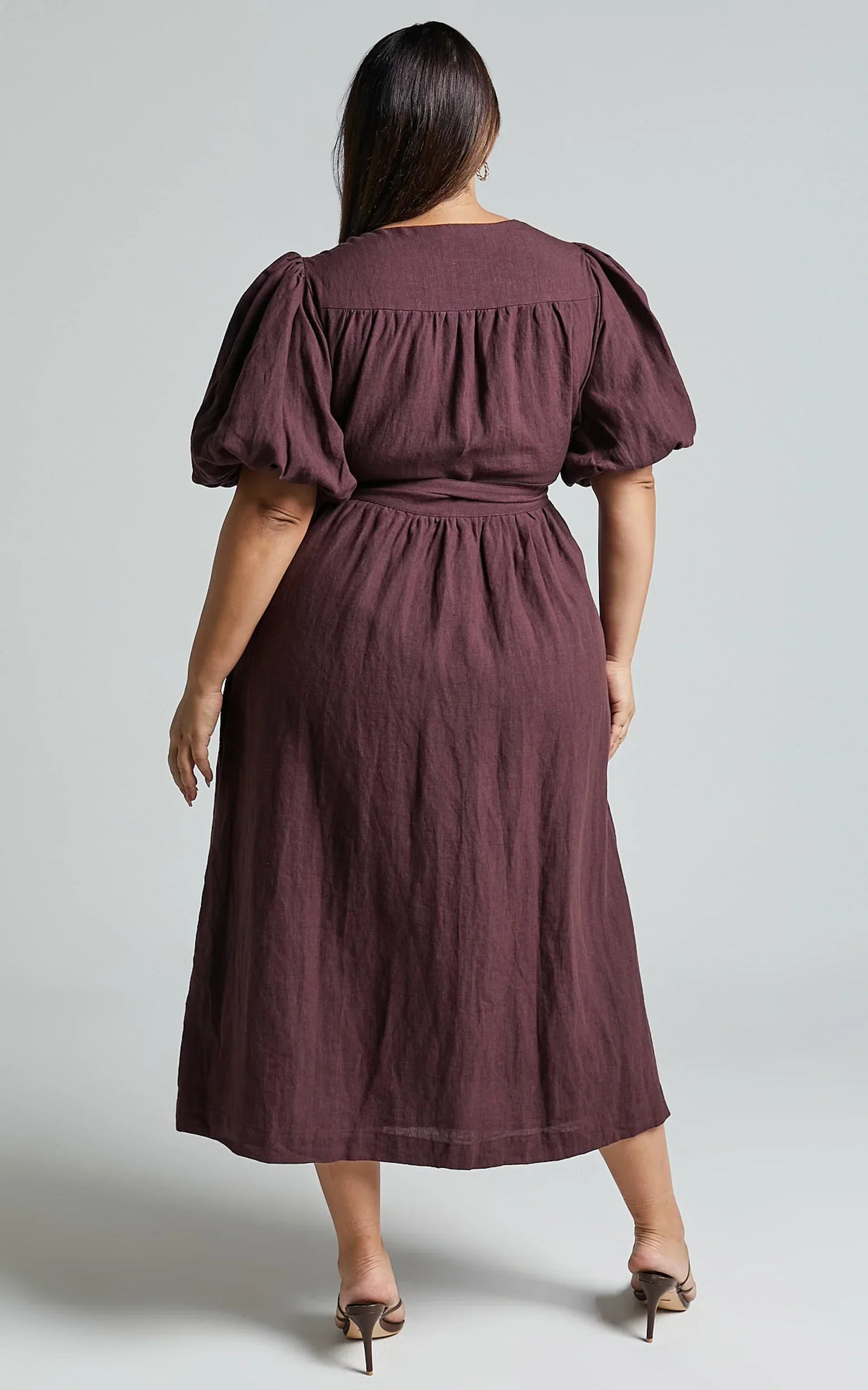 Amalie The Label - Franc Linen Puff Sleeve Wrap Midi Linen Dress