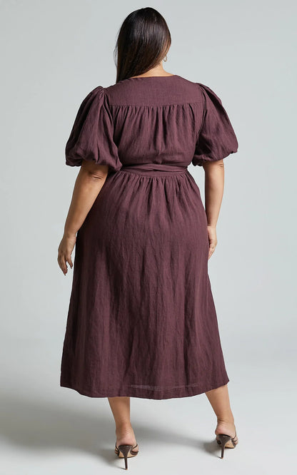 Amalie The Label - Franc Linen Puff Sleeve Wrap Midi Linen Dress