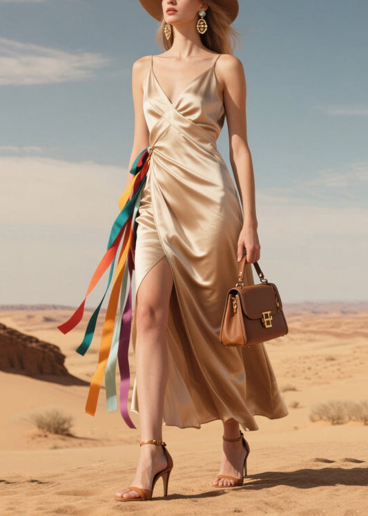 Elegant Coffee Side Open Multicolour Ribbon Silk Sundress Summer