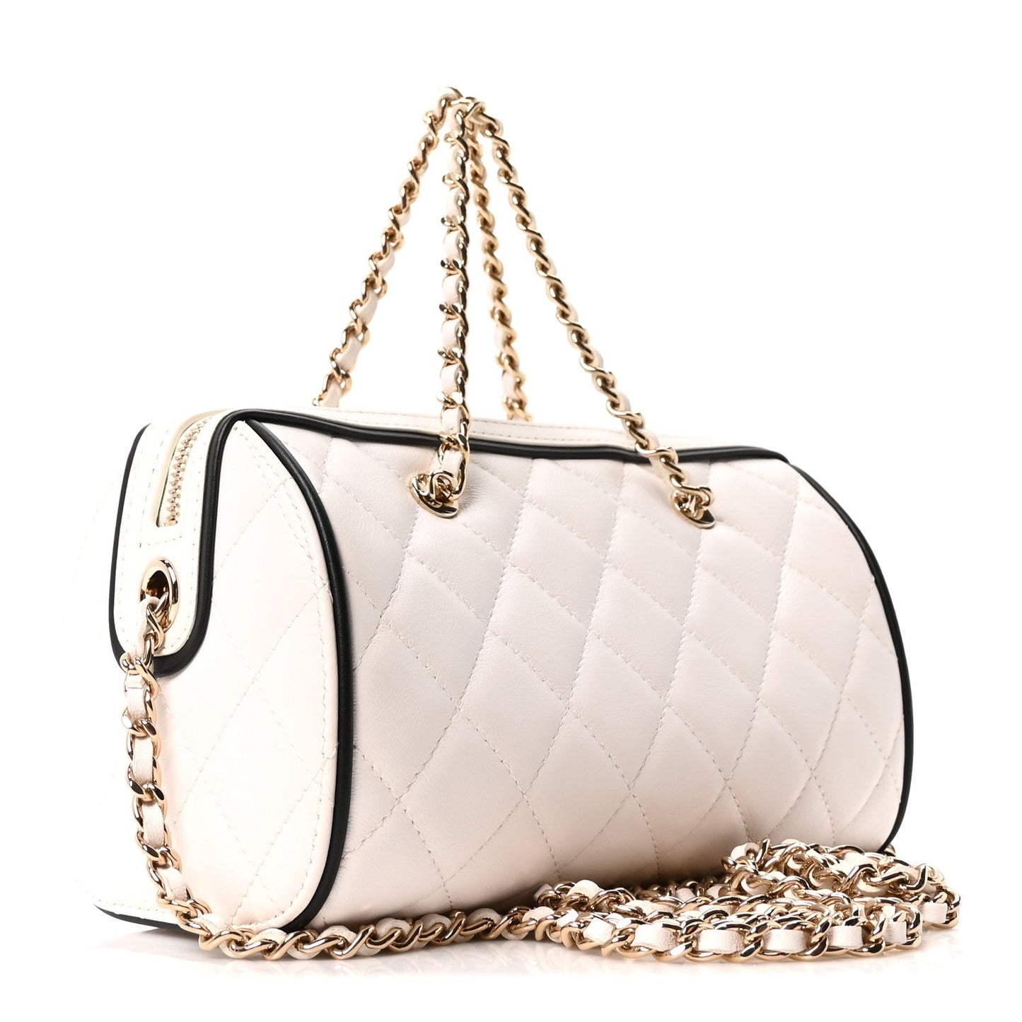 Lambskin Quilted Barrel Clutch With Chain White