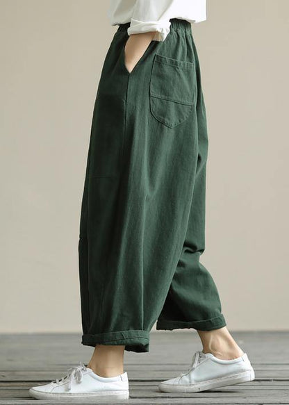 Literary loose green color wild large size elastic waist nine-point harem pants