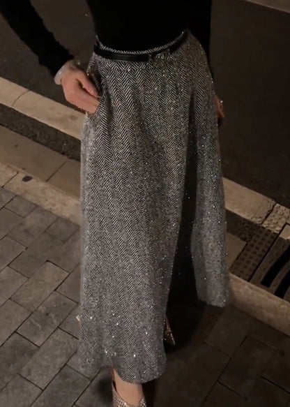 Women Grey Pockets High Waist Woolen Skirt Fall