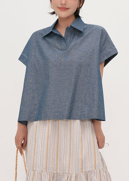 Vintage Blue Peter Pan Collar Oversized Cotton Shirts Summer