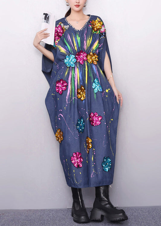 Chic Vibrant Floral Pattern Navy Denim Dress Zircon Accents