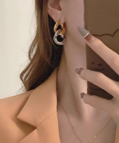 Boho Colorblock Metal Overgild Patchwork Hoop Earrings