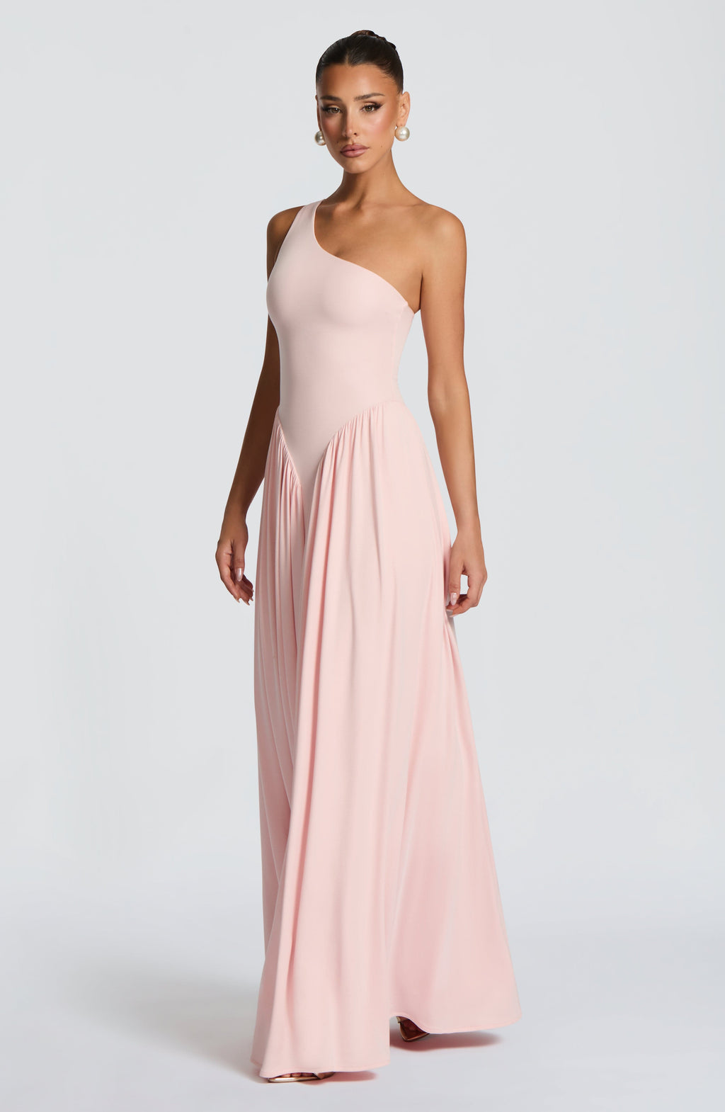 Blush Pink One-Shoulder Pleated Maxi Gown