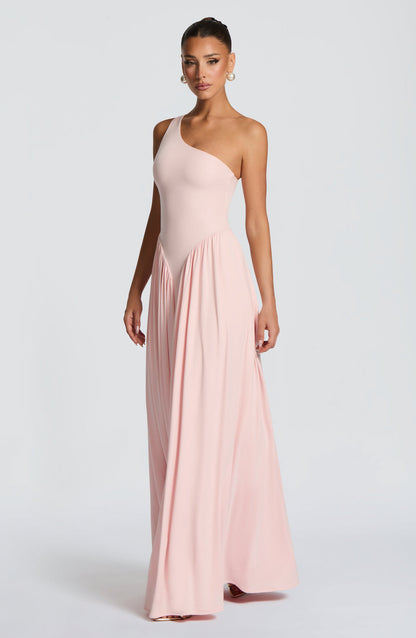 Blush Pink One-Shoulder Pleated Maxi Gown