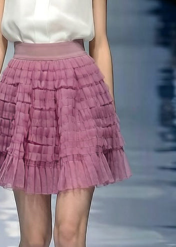 Loose Purple Wrinkled Elastic Waist Tulle Skirt Summer