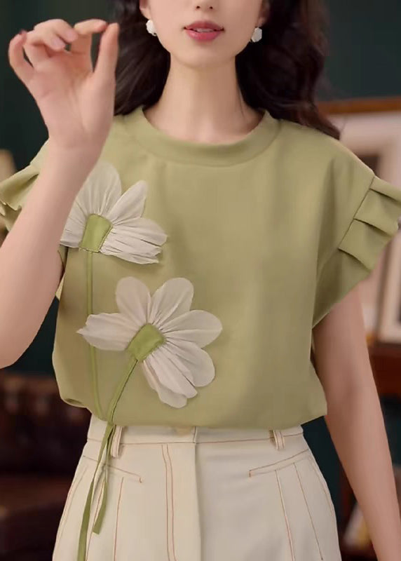 Green Floral Patchwork Solid Cotton Summer T Shirt O Neck