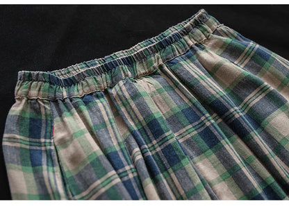 Vintage Cotton and Linen Check Elastic High Waist Plus Size A-Line Skirt