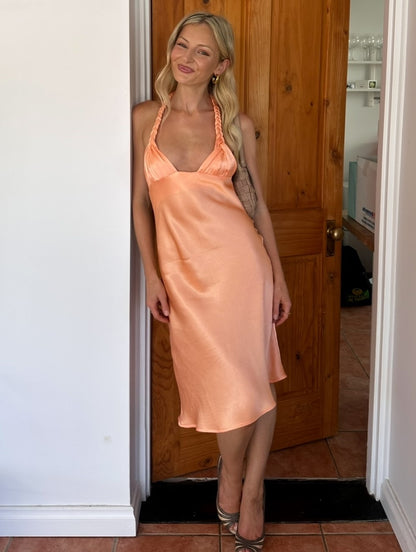 Peach Satin Braid Halter Deep V Midi Dress