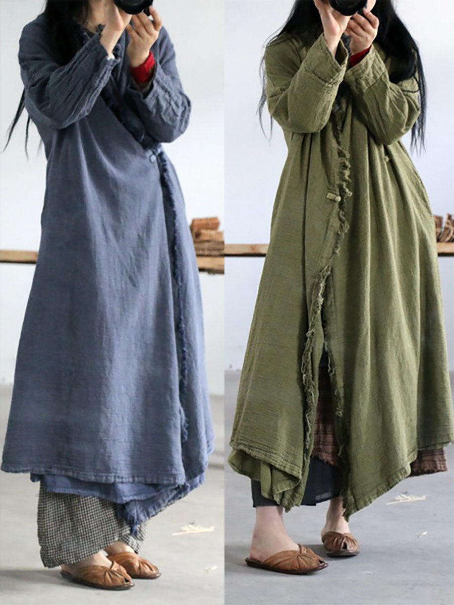 Women Artsy Worn Burrs Solid Button Irregular Long Coat