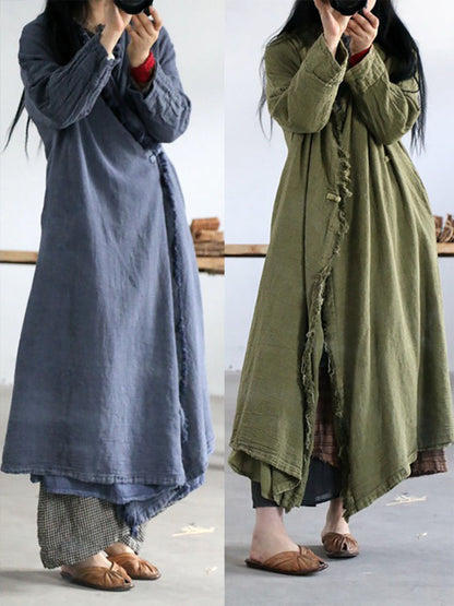 Women Artsy Worn Burrs Solid Button Irregular Long Coat
