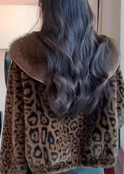 Chic Leopard Peter Pan Collar Button Mink Hair Coats Winter