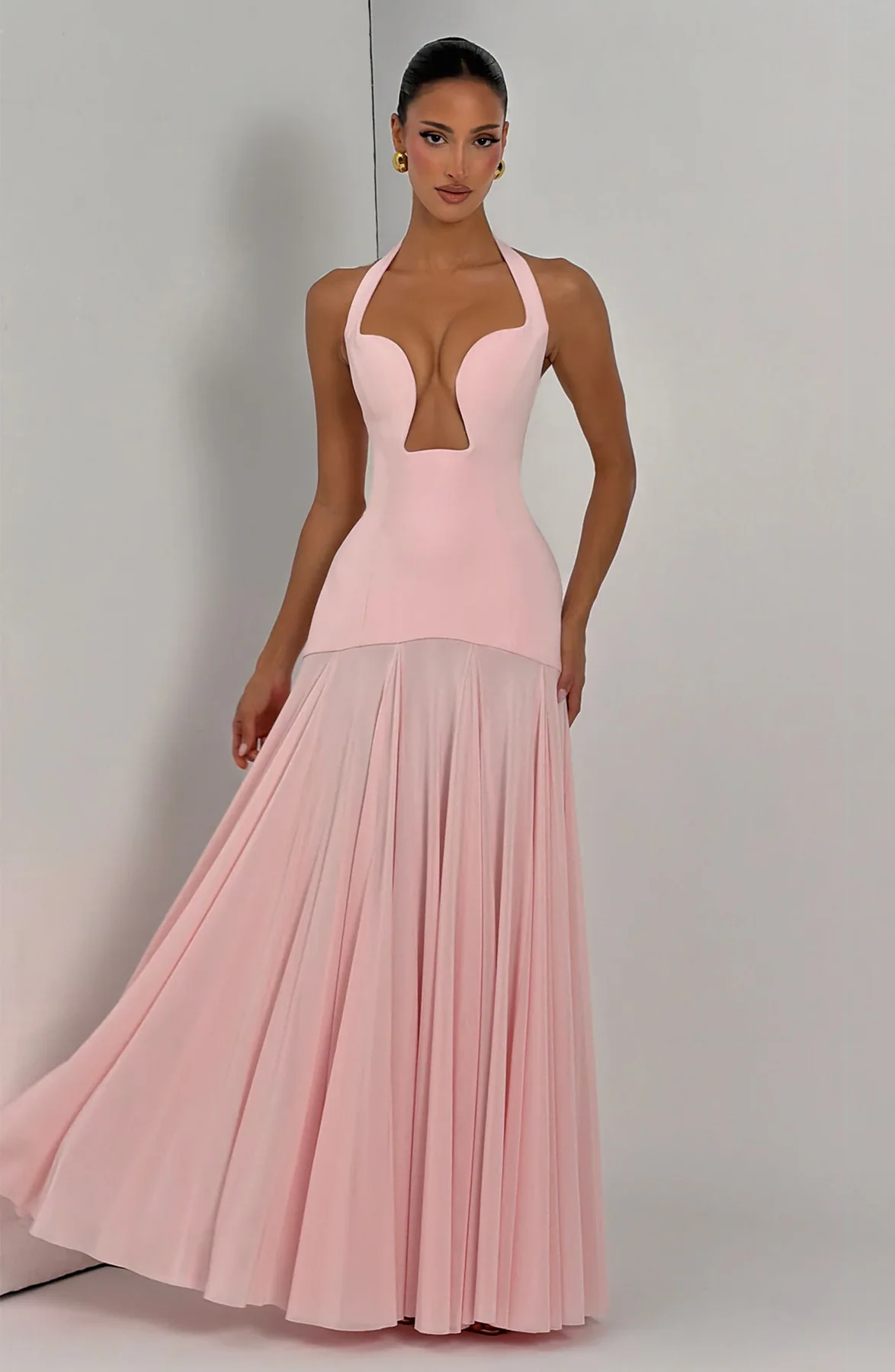 Halter Cutout Lace-Up Waist Chiffon Panel Maxi Gown