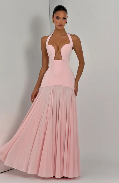 Halter Cutout Lace-Up Waist Chiffon Panel Maxi Gown