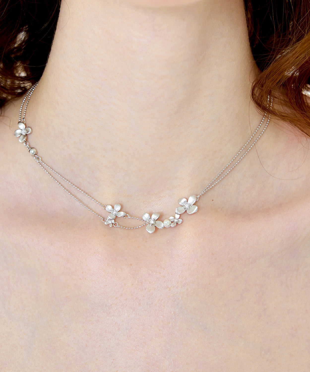 Women Silver Floral Double Layer Chain Copper Choker