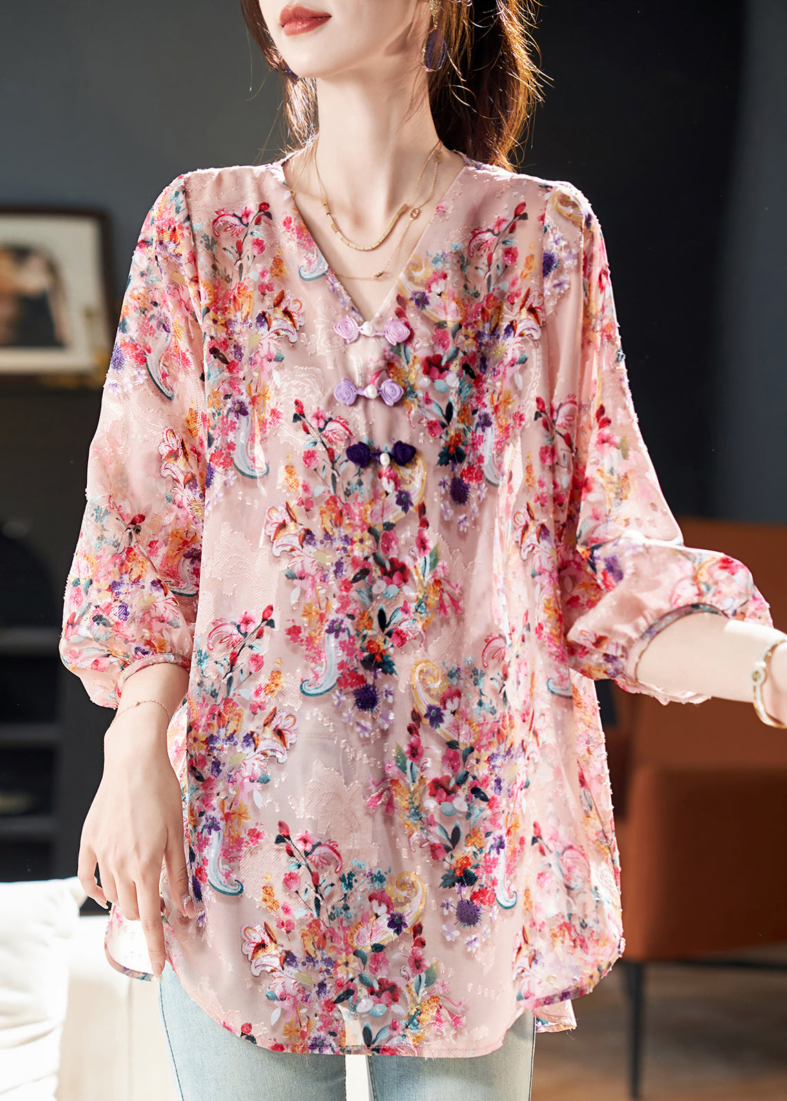 Beautiful Pink V Neck Print Chiffon Blouse Tops Bracelet Sleeve