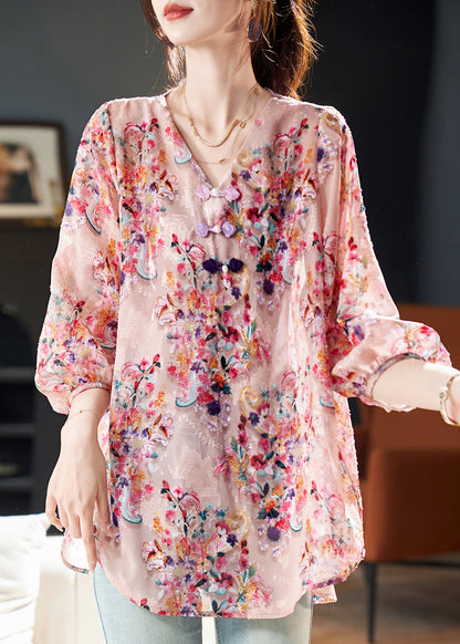Beautiful Pink V Neck Print Chiffon Blouse Tops Bracelet Sleeve