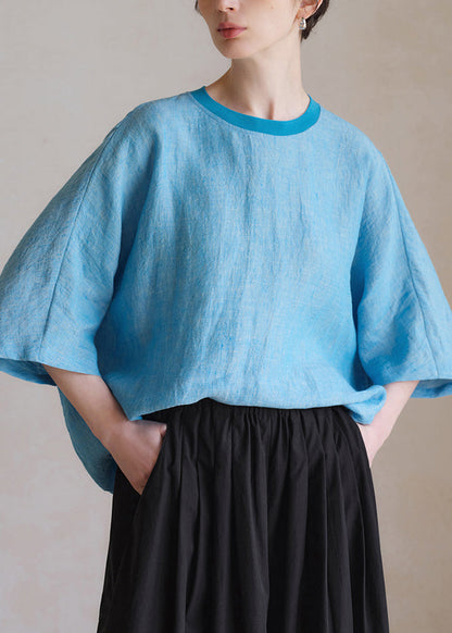 Plus Size Blue O Neck Solid Linen Shirt Half Sleeve