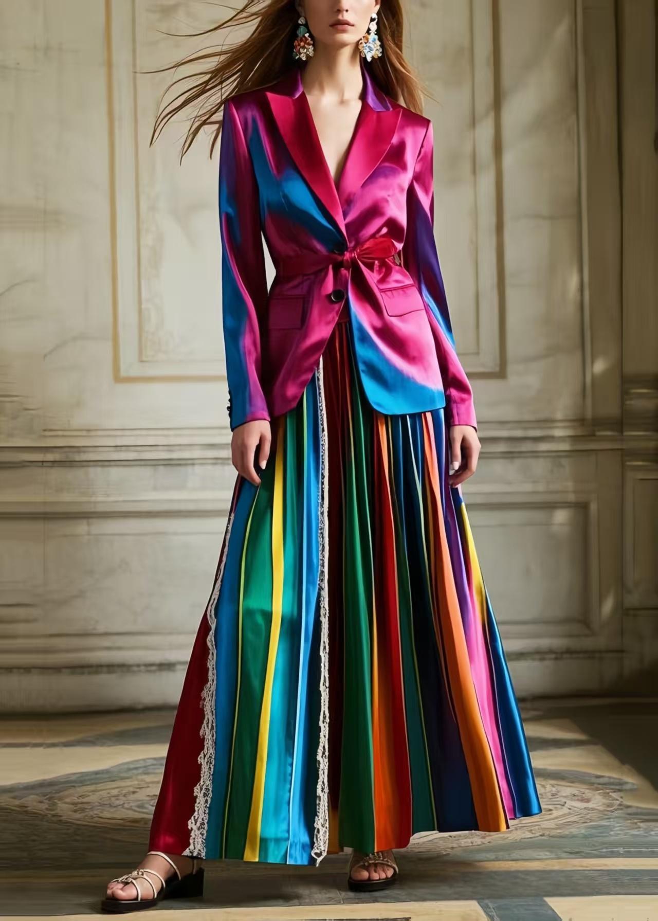 Bohemian Polychrome Striped Patchwork Lace Silk Pleated Skirt Spring