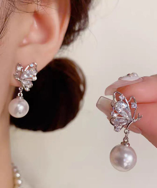 Fashion Gold Copper Overgild Zircon Pearl Butterfly Drop Earrings