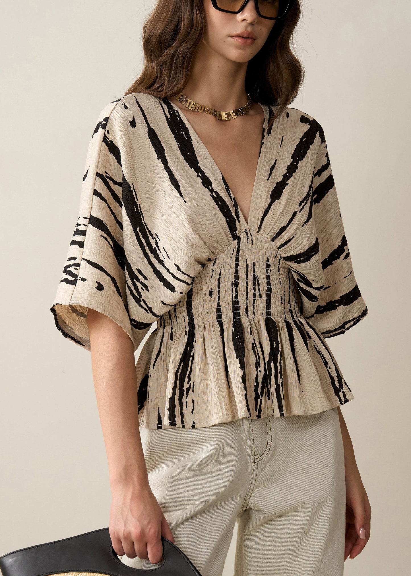 Art Khaki V Neck Print Cotton Shirt Half Sleeve