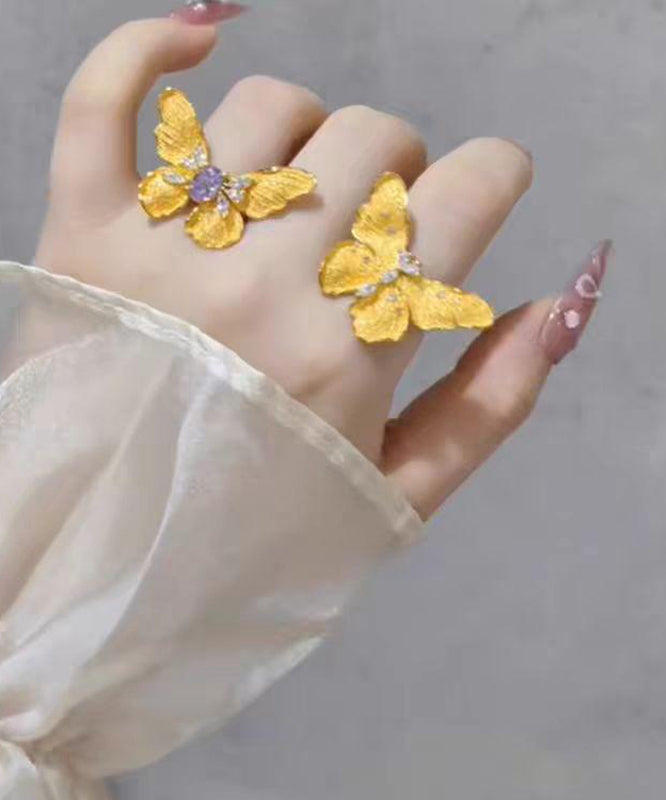 Chinese Style Gold Sterling Silver Overgild Butterfly Rings Two-Piece Set
