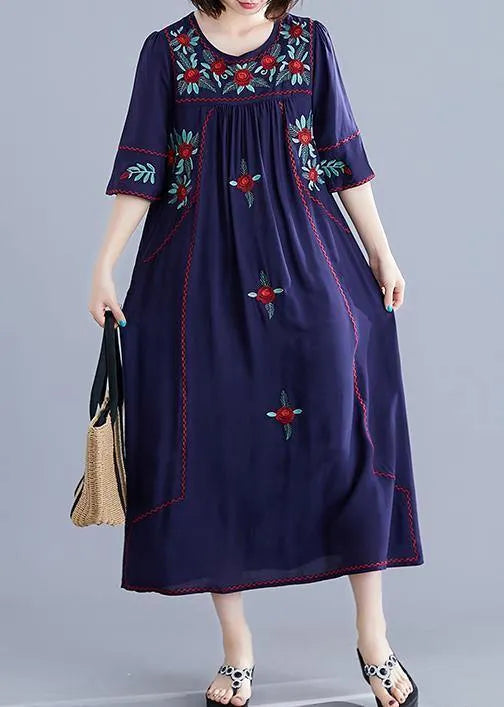 Handmade navy embroidery cotton clothes For Women o neck Cinched cotton robes summer Dress