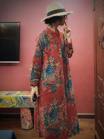 Women Cotton Vintage Print Casual Loose Dress