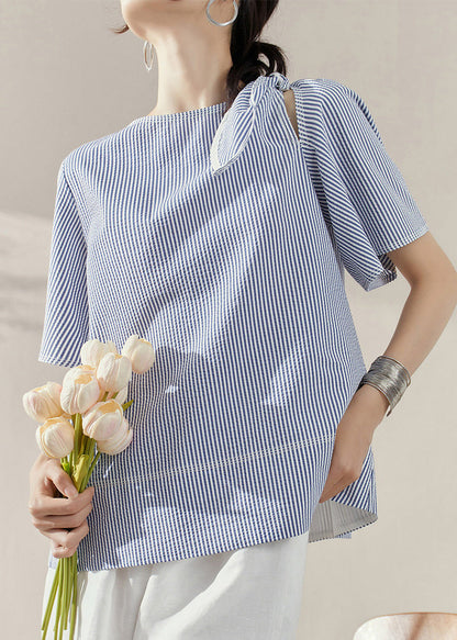 Natural Blue O-Neck Striped Bow Tops Summer