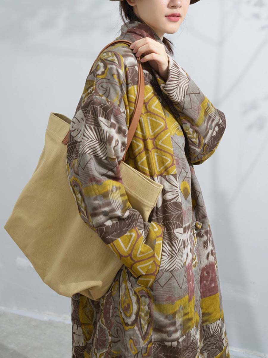 Women Winter Artsy Print Frog Loose Long Coat