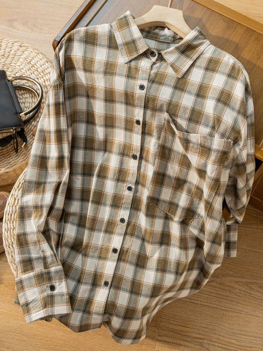 100% Natural Fabric Vintage Loose Mid Length Plaid Shirt