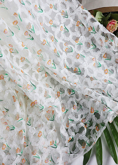Casual Green Floral Elastic Waist Tulle Maxi Skirt Spring