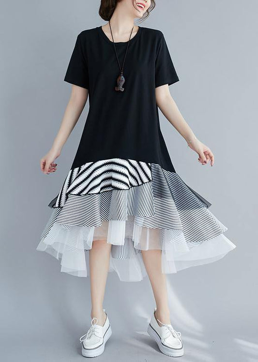 Loose black dress for women o neck asymmetric Dress