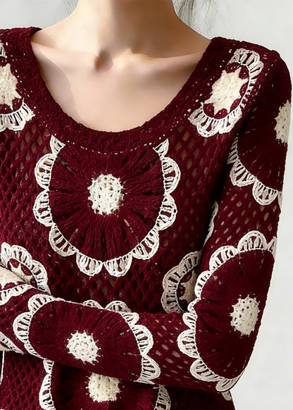 Boho Red O-Neck Hollow Out Knit Top Spring