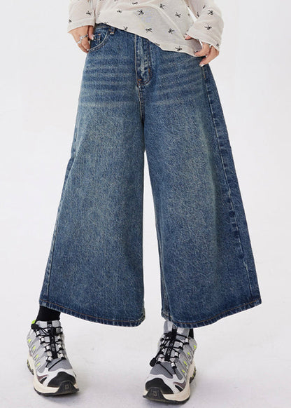 Women Blue Pockets Patchwork Denim Crop Pants