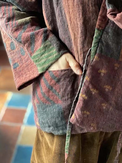 Women Winter Print Drawstring Linen Cotton Coat