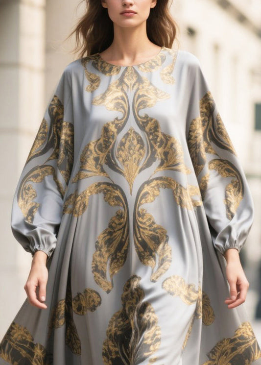 Women Grey Oversized Print Chiffon Maxi Dresses Fall