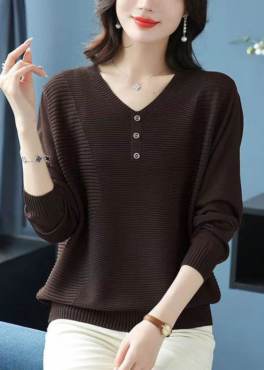 Loose Camel V Neck Wrinkled Cozy Wool Sweater Tops Fall